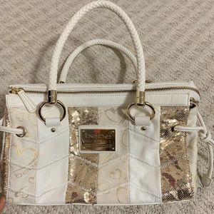 Bebe White and gold hand bag